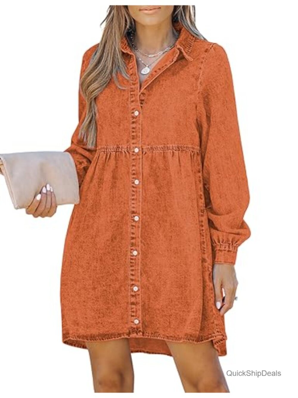 Long Sleeve Denim Babydoll Dress Button Down Casual Jean Dress